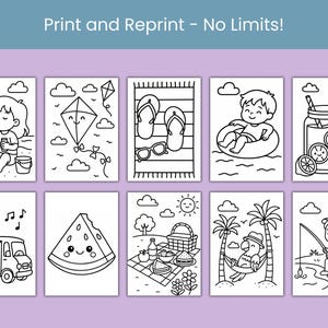 Op de afbeelding: Zwart-wit illustraties van zomerse activiteiten. Afbeeldingen zijn onder meer een kind dat bellen blaast, een vlieger, slippers, een kind in een band, een drankje, een ijskar, een watermeloen, een picknick, een papegaai in een hangmat en een kind dat aan het vissen is. Tekst: Print en herdruk - Geen limieten!
