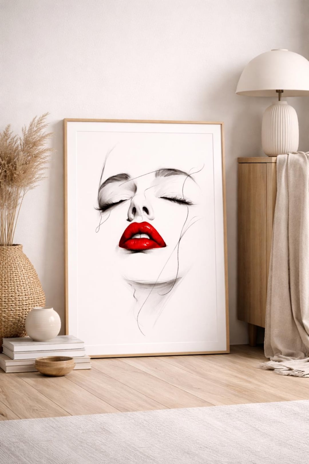 Minimalist Red Lips Face Line Art Print, Abstract Woman Fashion Poster ...