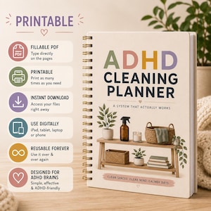 May include: A spiral-bound ADHD Cleaning Planner with a cream cover featuring the text ADHD CLEANING PLANNER A SYSTEM THAT ACTUALLY WORKS and an illustration of a wooden bench with plants, a spray bottle, a candle, and a woven basket.