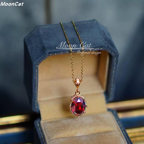 French Vintage Ruby Red Zircon Necklace: Adjustable Collarbone Chain