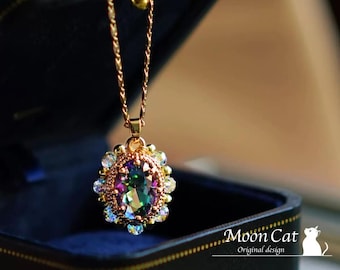 French Baroque Rainbow Crystal Necklace: Gold-Plated Iridescent Pendant