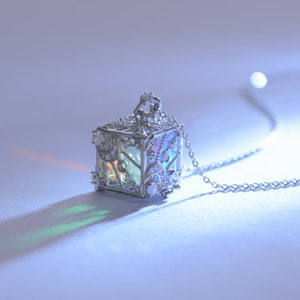 Rainbow Light Cube Necklace – Celestial Prism Pendant, 18K Gold Vermeil Sun Moon Star Jewelry