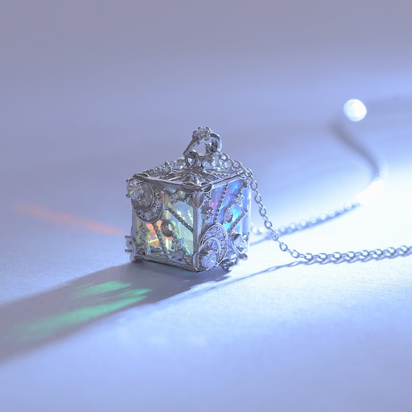 Rainbow Prism Cube Necklace: 18k Gold Zircon Cage Pendant