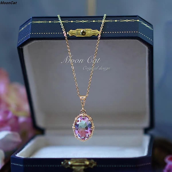Luxurious French Vintage Pink & Blue Tourmaline Crystal Pendant Necklace - Minimalist Gold-Plated Jewelry
