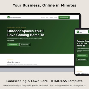 May include: A website template displayed on a laptop and smartphone screen featuring a dark green header with the text Outdoor Spaces You'll Love Coming Home To, a navigation menu, and buttons for services, contact, and a free quote.