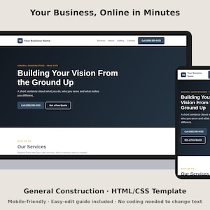 General Construction Website Template, Editable HTML CSS Small Business Website, Mobile Friendly One Page Site, Instant Download