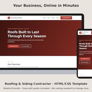 Roofing & Siding Contractor Website Template, Editable HTML CSS Small Business Website, Mobile Friendly One Page Site, Instant Download