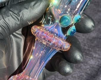 Pipa de tabaco ahumada Heady Glass de 12,5 cm (4,93"), plateada y con detalles en oro de 24 quilates. Hecha a mano en borosilicato, SaltyDogGlass, Ethan Lesch.