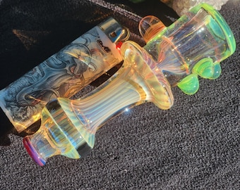Bedwelmend glas 4,68" zilver en 24 kt goud gerookte chillum-tabakspijp, handgemaakt borosilicaat, SaltyDogGlass Ethan Lesch