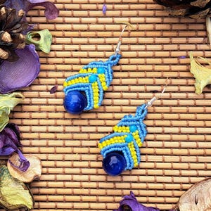 Fashion dangle macrame earrings with beads and synthetic stones, the stem earrings are made of sterling silver 925