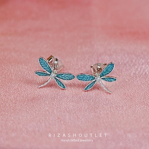 S925 Silver Blue Earrings Enamel Craft Dragonfly Stud Earrings Small Insect