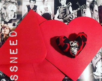 Red Poison Heart Goth Punk Fetish  card with leopard print heart pin brooch unisex hand made Stiv Bators Ramones Valentine gift card love