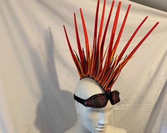 Red hot Fire anti gravity rubber spiked fetish Mohican hair piece goggles steam punk Road Warrior bald no hair needed gay cyber festival