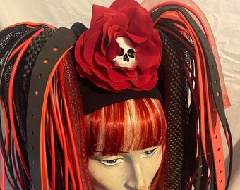 Gothic bright red ruffled skull hair flower clip ideal for dreadlocks hair falls unique lolita day of the dead morbid curiosity witch gypsy