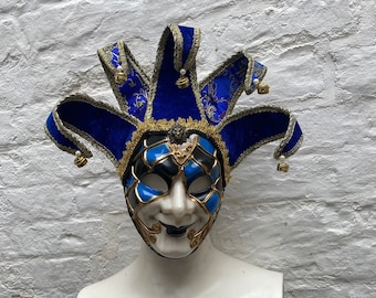 Venetian Jester Theatre Mask Halloween Gothic Romantic Steampunk Theatrical decorative costume party sexy decoration blue  bells metallic