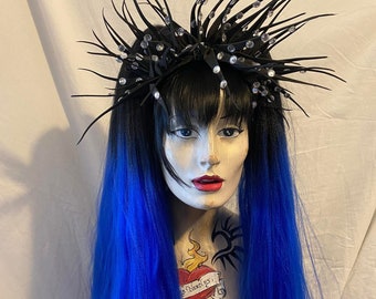 Black into Vibrant electric blue ombre high volume huge crimped bushy MissNeedles bunches hair falls goth festival Halloween dark mermaid