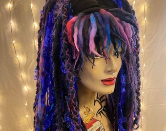 One off exclusive MissNeedles wool dream dreadlock mixed media pair of full tie in falls and fringe set deep blue indigo christmas hair gift