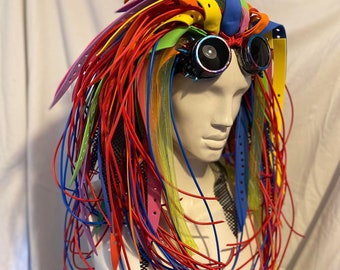 Bright Rainbow Pride Cybergoth Rubber Unisex no hair needed Club Hybrid Wig Goth cyberlox cosplay anime gay eye cup goggles Christmas gift