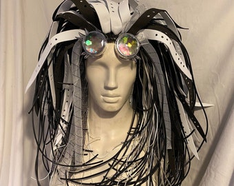 Cybergoth UV white & black monochrome glow Industrial Rubber Unisex no hair needed Hybrid Wig goggles Christmas gift party READY to SHIP