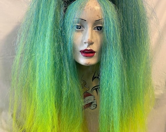 Tropical sunrise vibrant neon yellow  turquoise ombre high volume crimped bushy MissNeedles exclusive bunch hair falls cybergoth festival