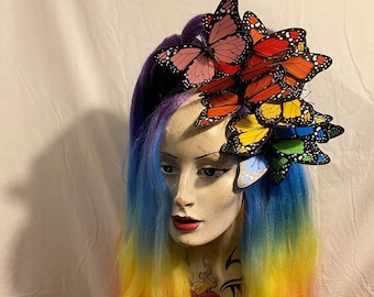 Rainbow Side flurry bright etherial fairy butterfly wired crown headdress hair band tiara festival party bridal pagan pixie boho fascinator