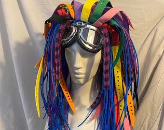 Cyberpunk Rainbow rave gay pride Cybergoth Industrial Rubber Unisex no hair needed Hybrid Wig chrome goggles TG festival party READY to SHIP