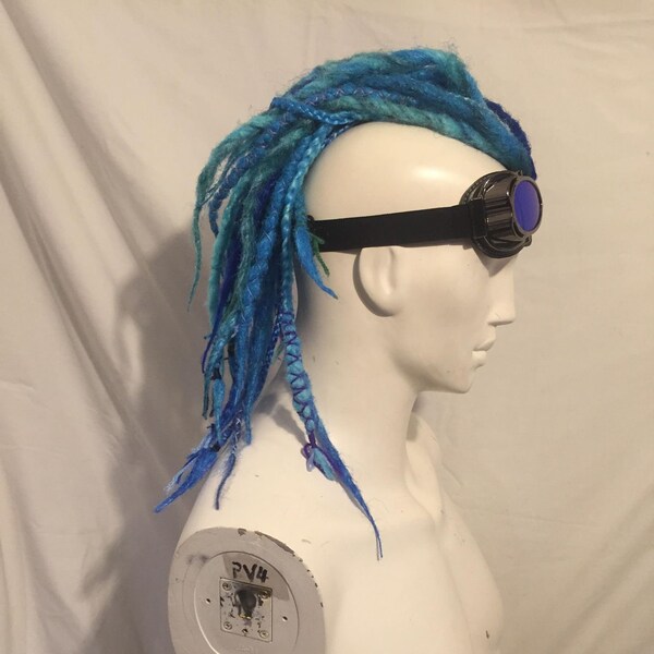 Blended ocean blue Punk rock Dreadlocks Dreadhawk  faux fetish Mohican with blue goggles Road Warrior bald no hair gay cybergoth mohawk Moho