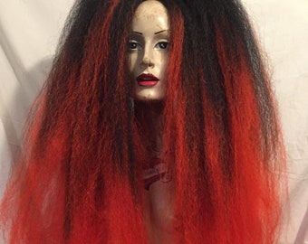Fire goddess devil woman black red ombre high volume huge crimped bushy MissNeedles exclusive design bunch hair falls goth fetish cybergoth