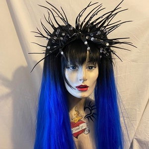 Black into Vibrant electric blue ombre high volume huge crimped bushy MissNeedles bunches hair falls goth festival Halloween dark mermaid