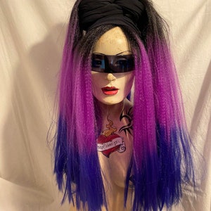 Thunder in the mountain acid purple to deep purple ombre high volume crimped bushy MissNeedles bunch hair falls cybergoth festival halloween