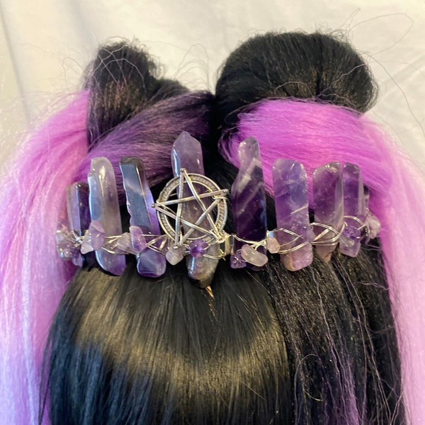 Amethyst Crown Pentagram pagan goddess ritual goth romantic headdress tiara protective crystal hair band bride festival witch fairy pixie