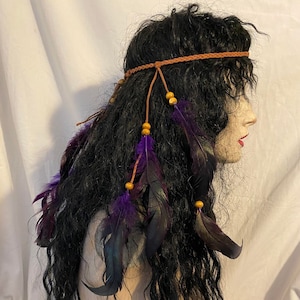 Sky tribe purple beaded feather brow band bohemian hippy Hand made for festival hair Dreadlocks accent piece goddess witch tribal ritual