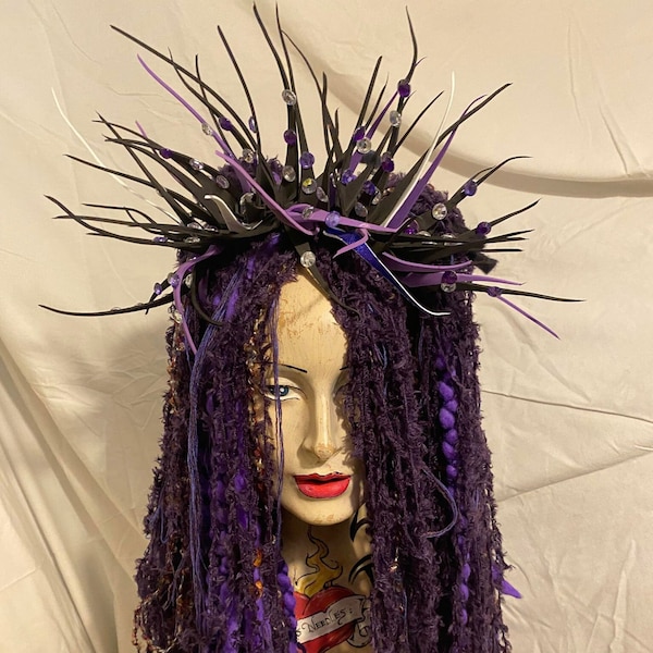 Gothic purple and bat black MissNeedles exclusive dreadlocks mixed media beautiful yarn hair falls  pieces pair Festival Goth Punk textile