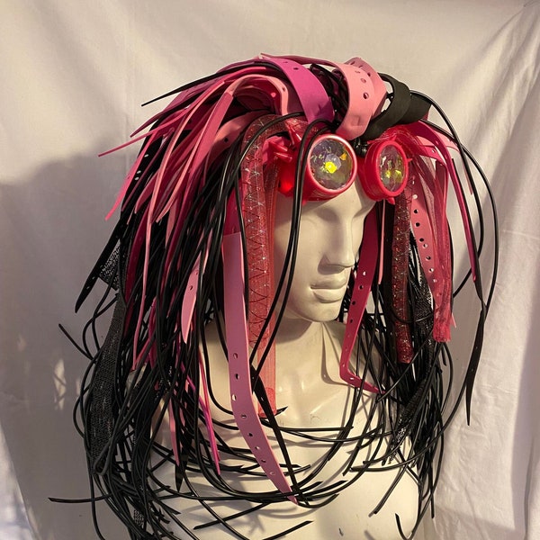 Cybergoth Kitty uv glow pink Industrial Rubber Unisex no hair needed Hybrid Wig Pink spike raver  goggles Valentine party gift READY to SHIP