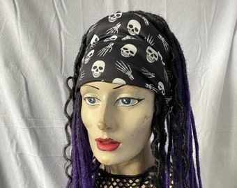 Gothic punk pirate skull pattern wide stretch fabric hair band to wear with falls wigs hair extensions dreadlocks head bandeau wrap hippy