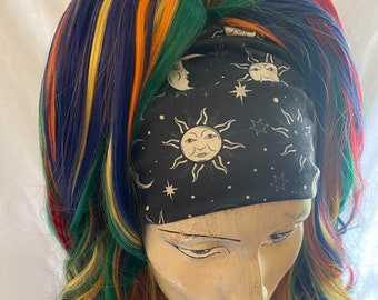 Sun & Moon wide black stretch fabric hair band to wear with falls wigs hair extensions dreadlocks head band bandeau wrap hippy boho gothic