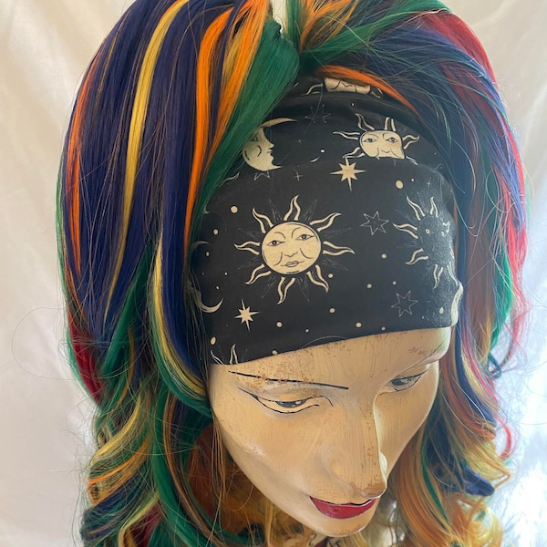 Sun & Moon wide black stretch fabric hair band to wear with falls wigs hair extensions dreadlocks head band bandeau wrap hippy boho gothic