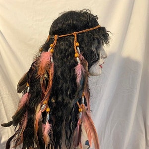 Deluxe Blush love pink beaded feather brow band bohemian hippy Hand made for festival hair Dreadlocks accent piece goddess witch tribal