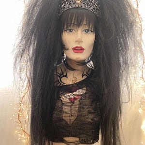 Elvira All black multi layered gothic punk rock pair of synthetic tie in hair pieces falls for club styling witchy looks dance floor divas