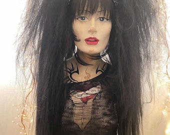 Elvira All black multi layered gothic punk rock pair of synthetic tie in hair pieces falls for club styling witchy looks dance floor divas