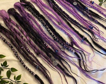 Vibrant witchy Purple Black mix goth synthetic dreadlocks kit for instant bohemian pagan hippy 26 inch long 30 dreads on 10 clips festival
