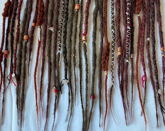 Forest brown & deep blood red clip in synthetic dreadlocks kit for instant bohemian pagan Viking hair 26 inch long 30 dreads 10 clips unisex