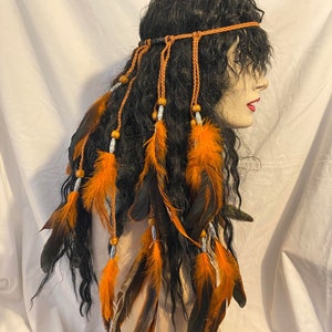 Deluxe Autumn Fire orange beaded feather brow band bohemian hippy Hand made for festival hair Dreadlocks accent piece goddess witch tribal