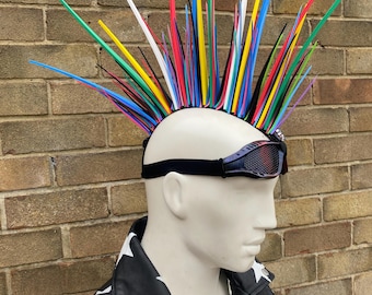 Pride rainbow anti gravity rubber spiked fetish Mohican hair piece goggles steam punk Road Warrior bald no hair needed gay cyber goth punk