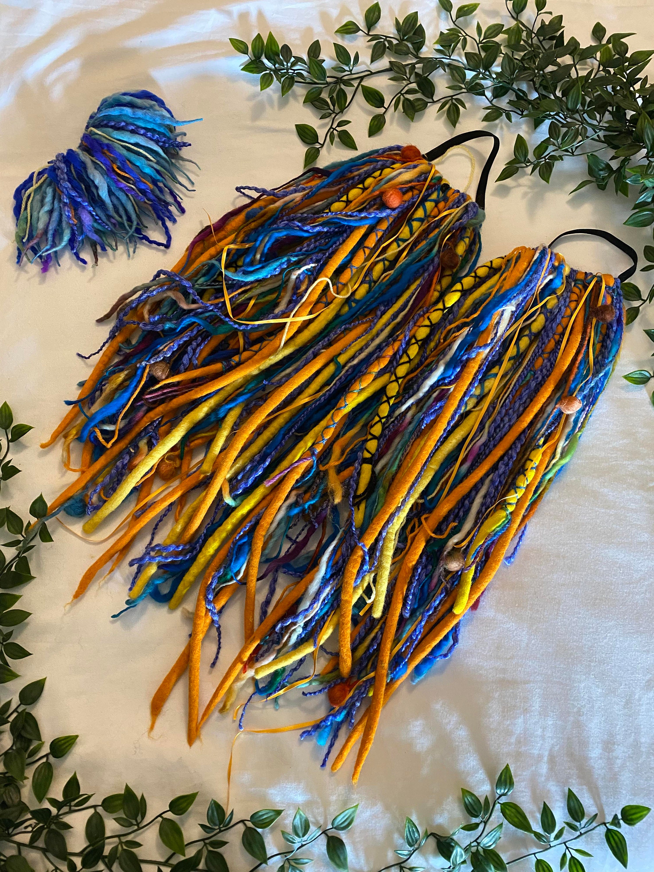 Tribal yellow  blue unique hand made MissNeedles wool dream dreadlock pair of full tie in dreadlock falls & fringe festival Valentines gift