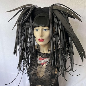 Gothic MissNeedles Android Cyberlox & rubber hair falls pieces in all black unisex cyberpunk Goth Industrial Fetish festival cybergoth bleep