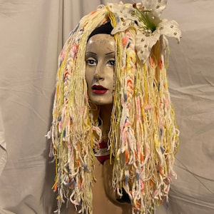 Sunshine fairy festival blonde white yellow mix braid pagan dreadlock mixed media beautiful textile yarn hair falls tie pieces pair ponytail