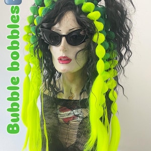 UV glow lime green  Bubble Bobble Cute texture geisha tassle lox MissNeedles rave club party festival bunches hair extensions goth Halloween