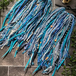 One off exclusive MissNeedles wool dream dreadlock mixed media pair of full tie in dreadlock falls natural blue silver mermaid festival boho