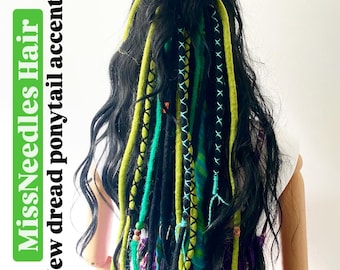 Hand made tie in long dreadlock ponytail hair accent piece mixing wool synthetic wraps & twists hippy boho festival green hair extension